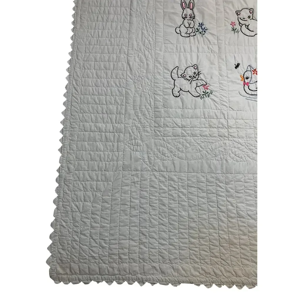 Hand Embroidered Quilt Childrens Mint Green Mid Century Baby Animals 38x68